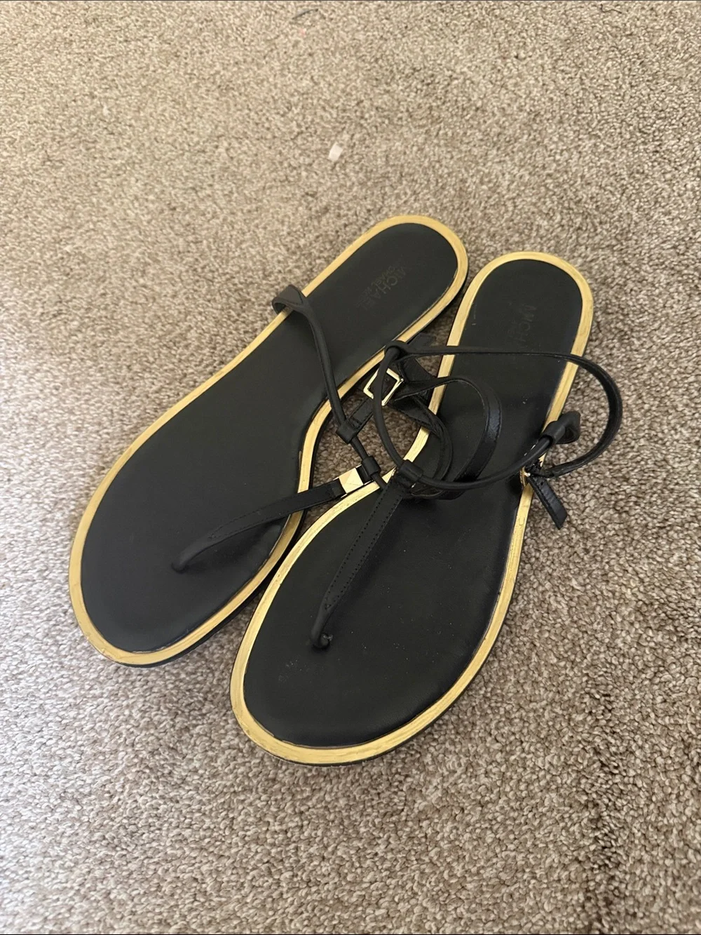 Black Lace-Up Flat Sandals with Gold Trim